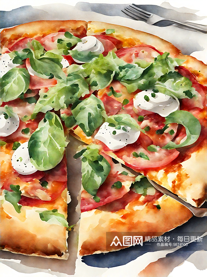 AI数字艺术美食披萨水彩插画插图素材