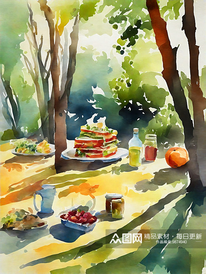 AI数字艺术野餐场景美食插画素材