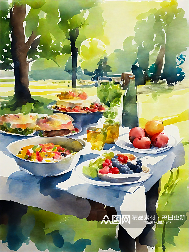 AI数字艺术野餐场景美食插画素材