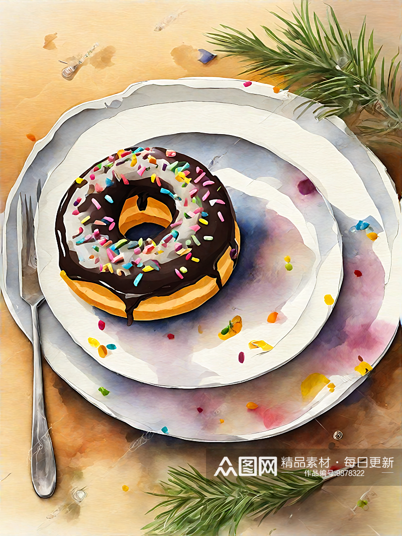 AI数字艺术美食甜甜圈水彩插画插图素材