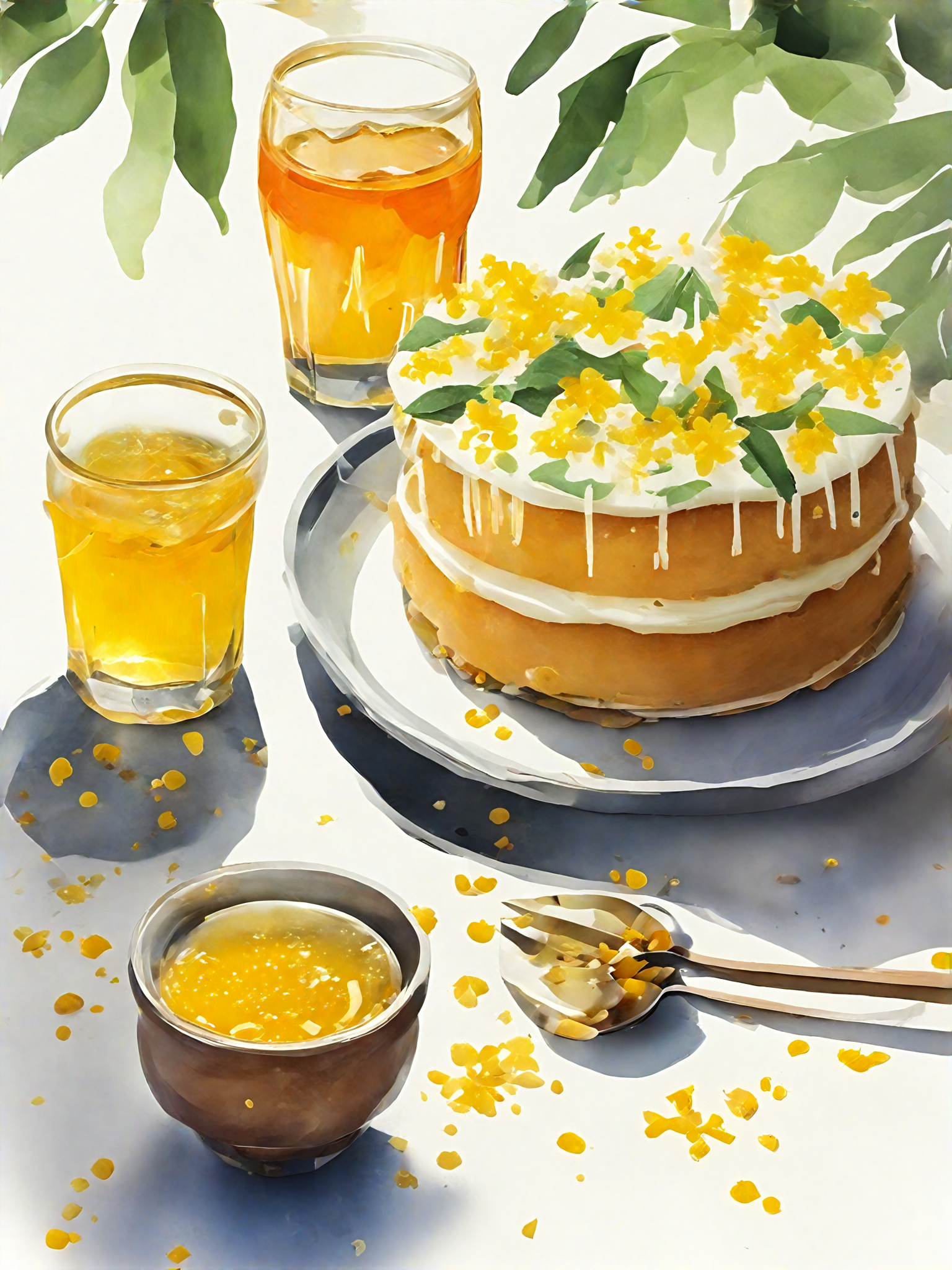 AI数字艺术美食甜品桂花糕点饮品水彩插画素材