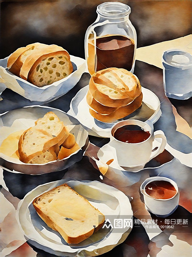 AI数字艺术美食早餐甜品场景水彩插画素材