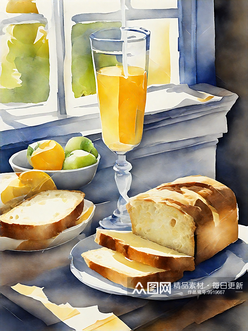 AI数字艺术美食早餐甜品场景水彩插画素材