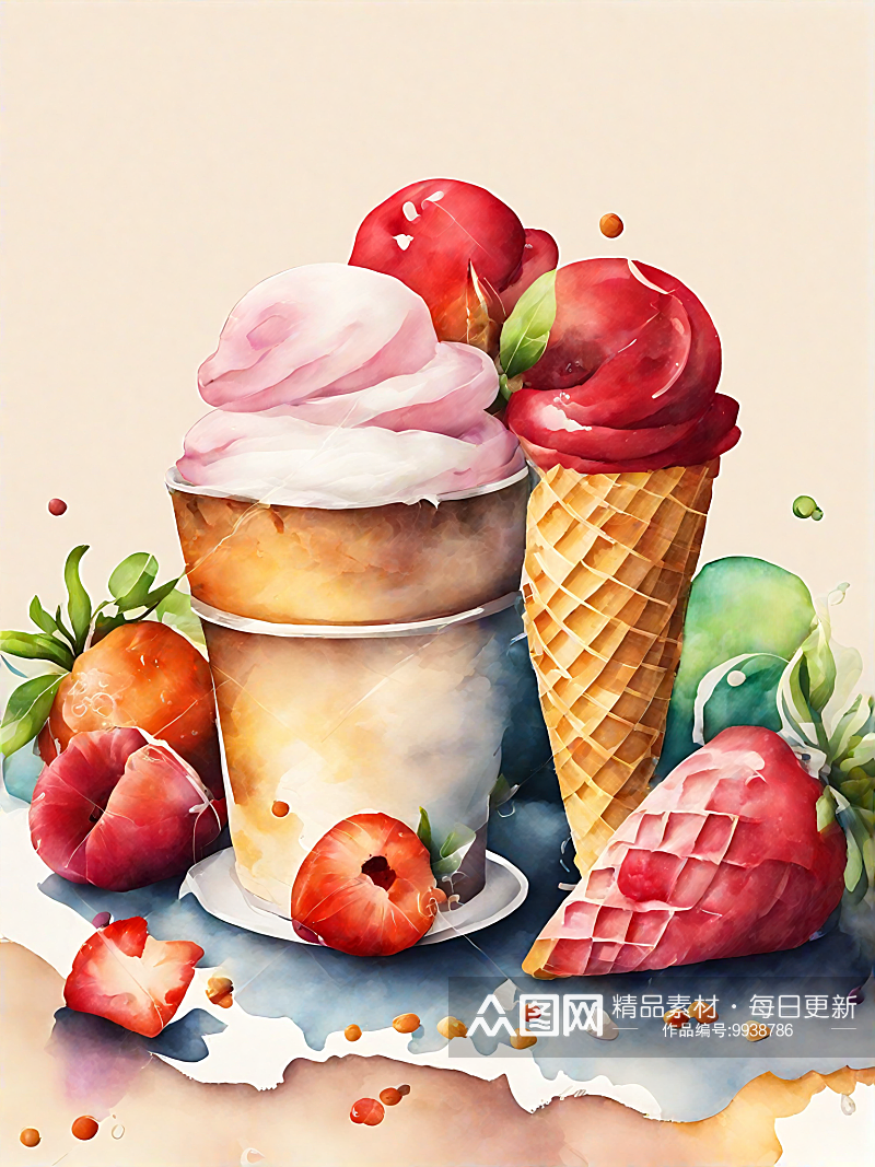 AI数字艺术美食甜品冰淇淋甜筒水彩插画素材