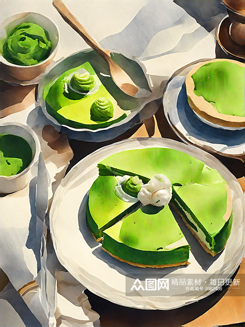 AI数字艺术美食甜品抹茶蛋糕水彩插画素材