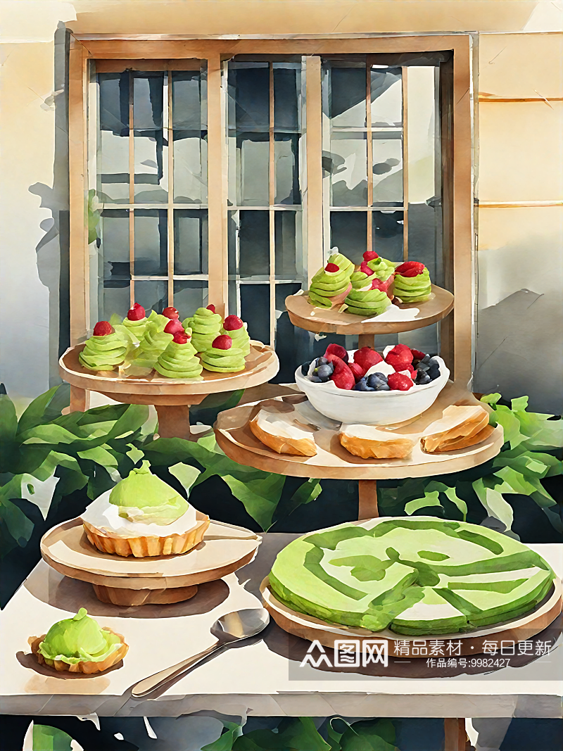 AI数字艺术美食甜品抹茶蛋糕水彩插画素材