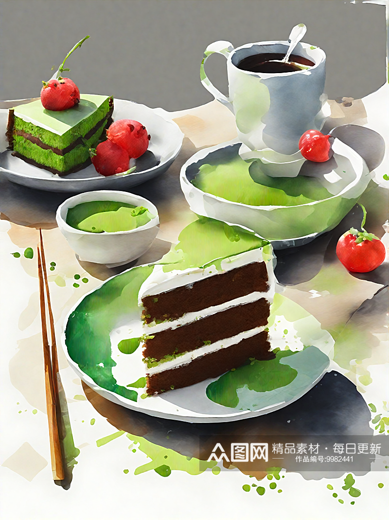 AI数字艺术美食甜品抹茶糕点水彩插画素材