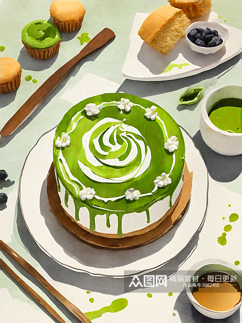 AI数字艺术美食甜品抹茶糕点水彩插画素材