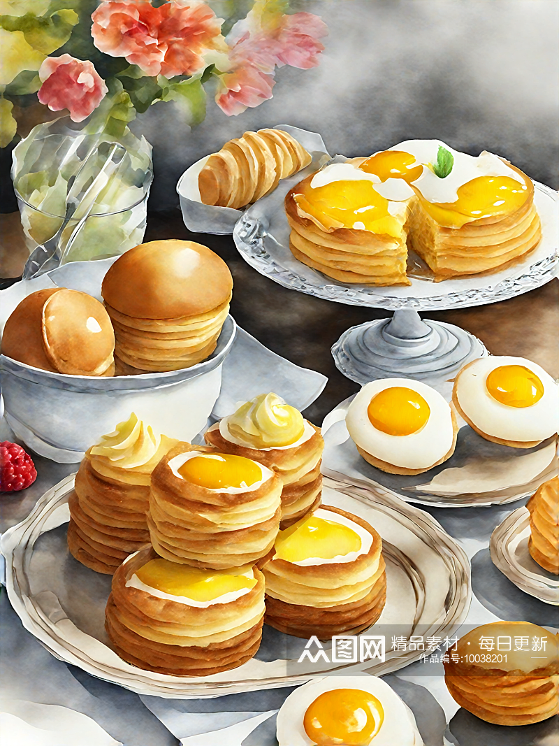 AI数字艺术美食甜品鸡蛋糕水彩插画素材