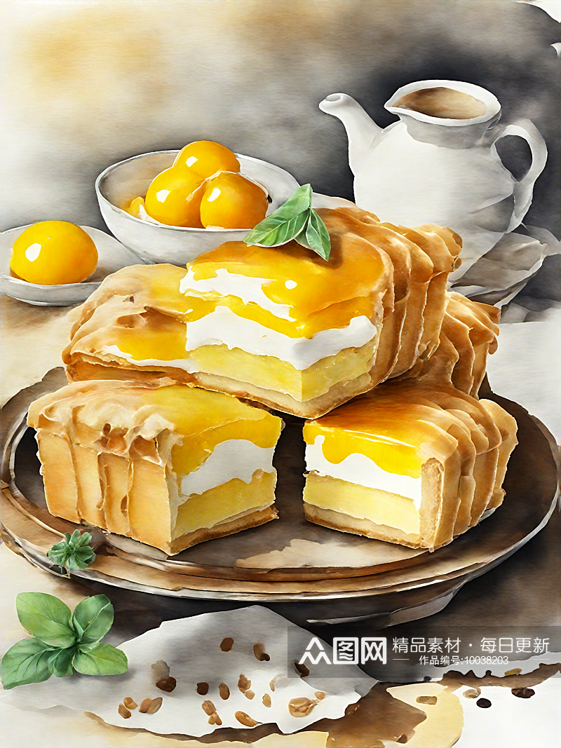 AI数字艺术美食甜品鸡蛋糕水彩插画素材