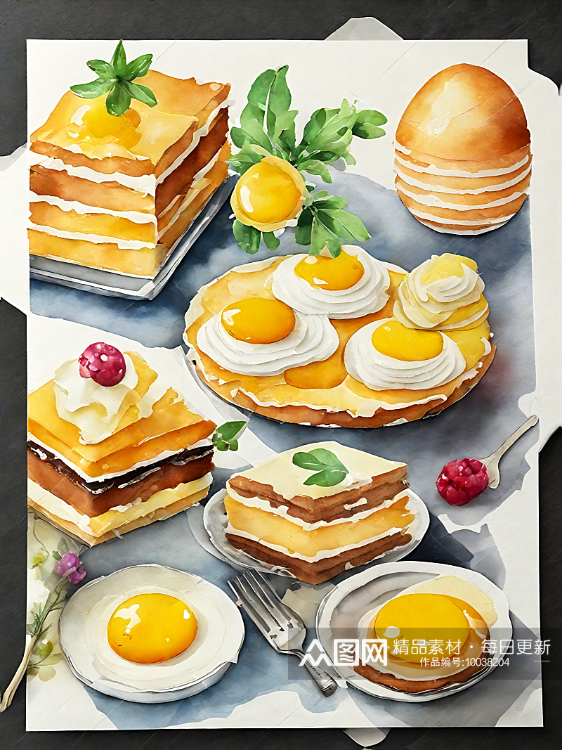 AI数字艺术美食甜品鸡蛋糕水彩插画素材