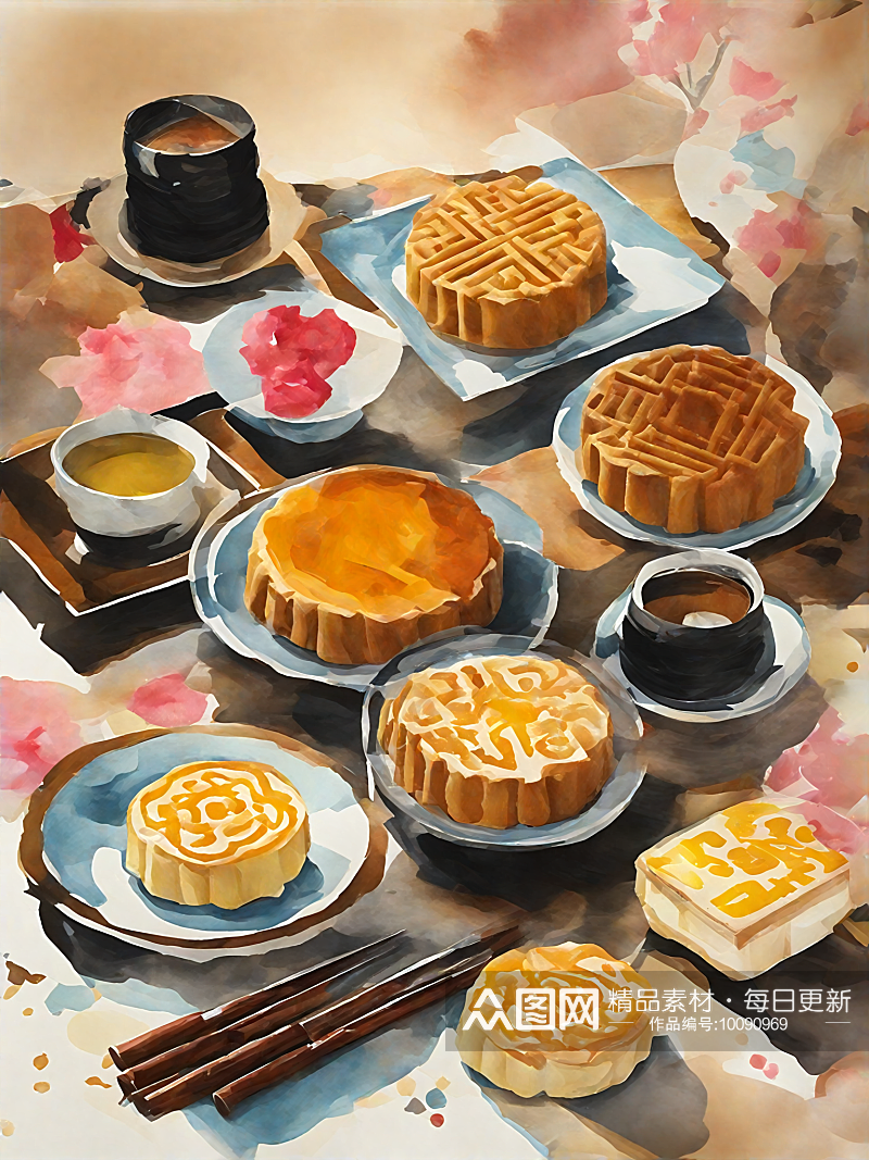 AI数字艺术美食甜品月饼水彩插画素材