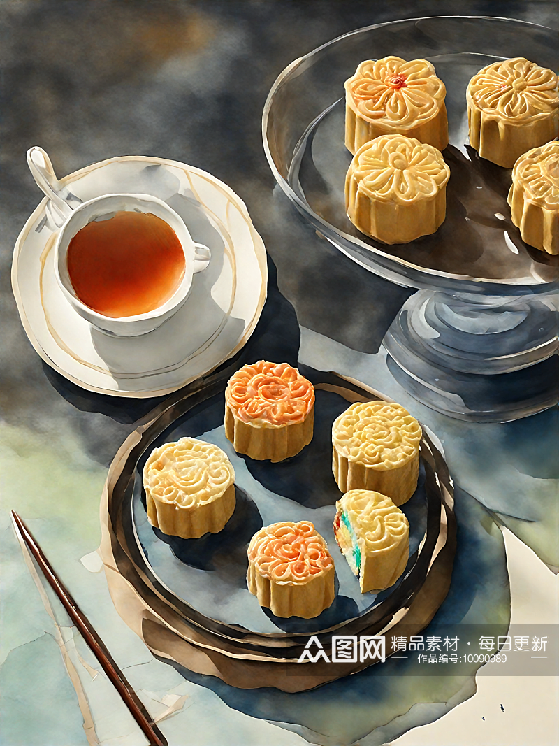 AI数字艺术美食甜品月饼水彩插画素材