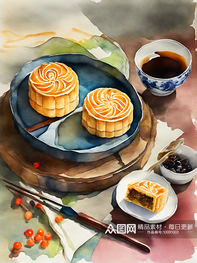 AI数字艺术美食糕点月饼水彩插画素材
