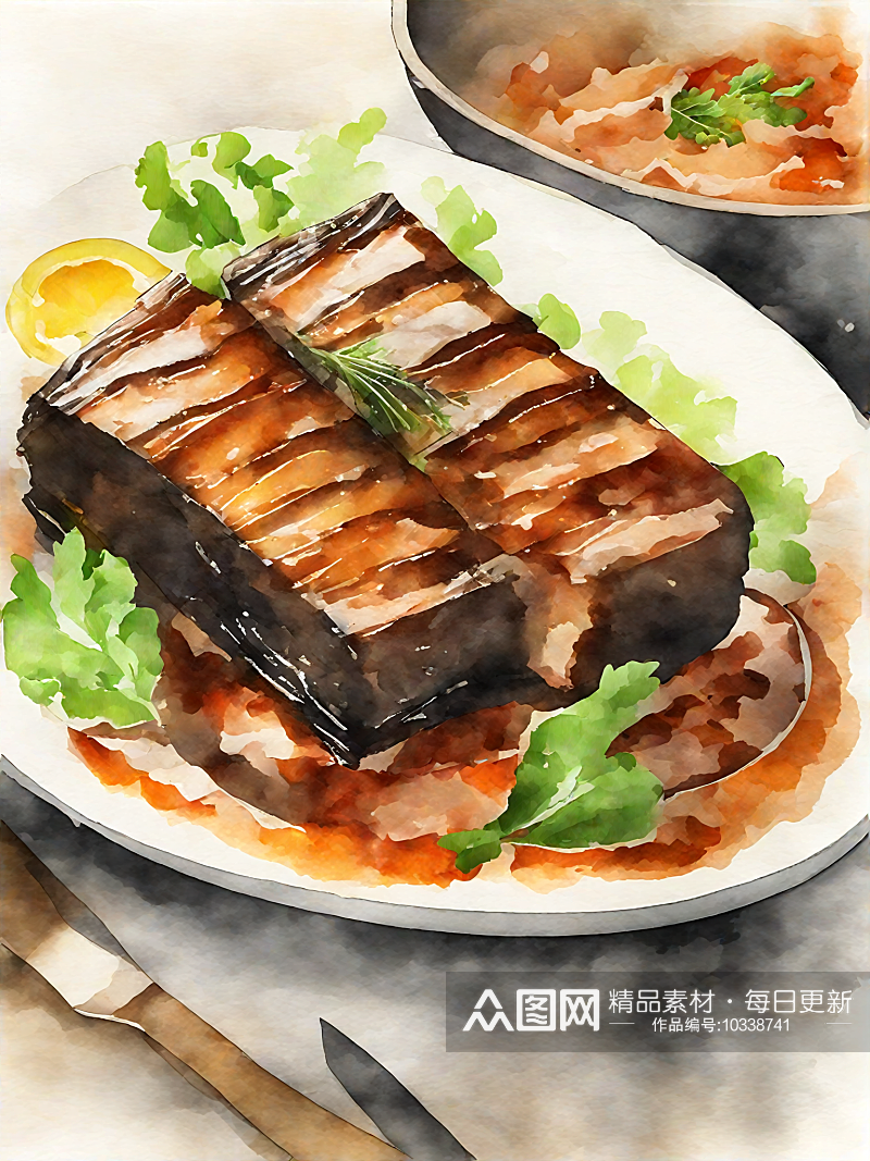 AI数字艺术美食红烧肉水彩插画素材