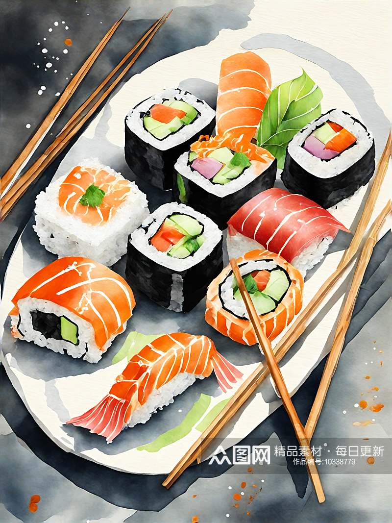 AI数字艺术美食寿司水彩插画素材