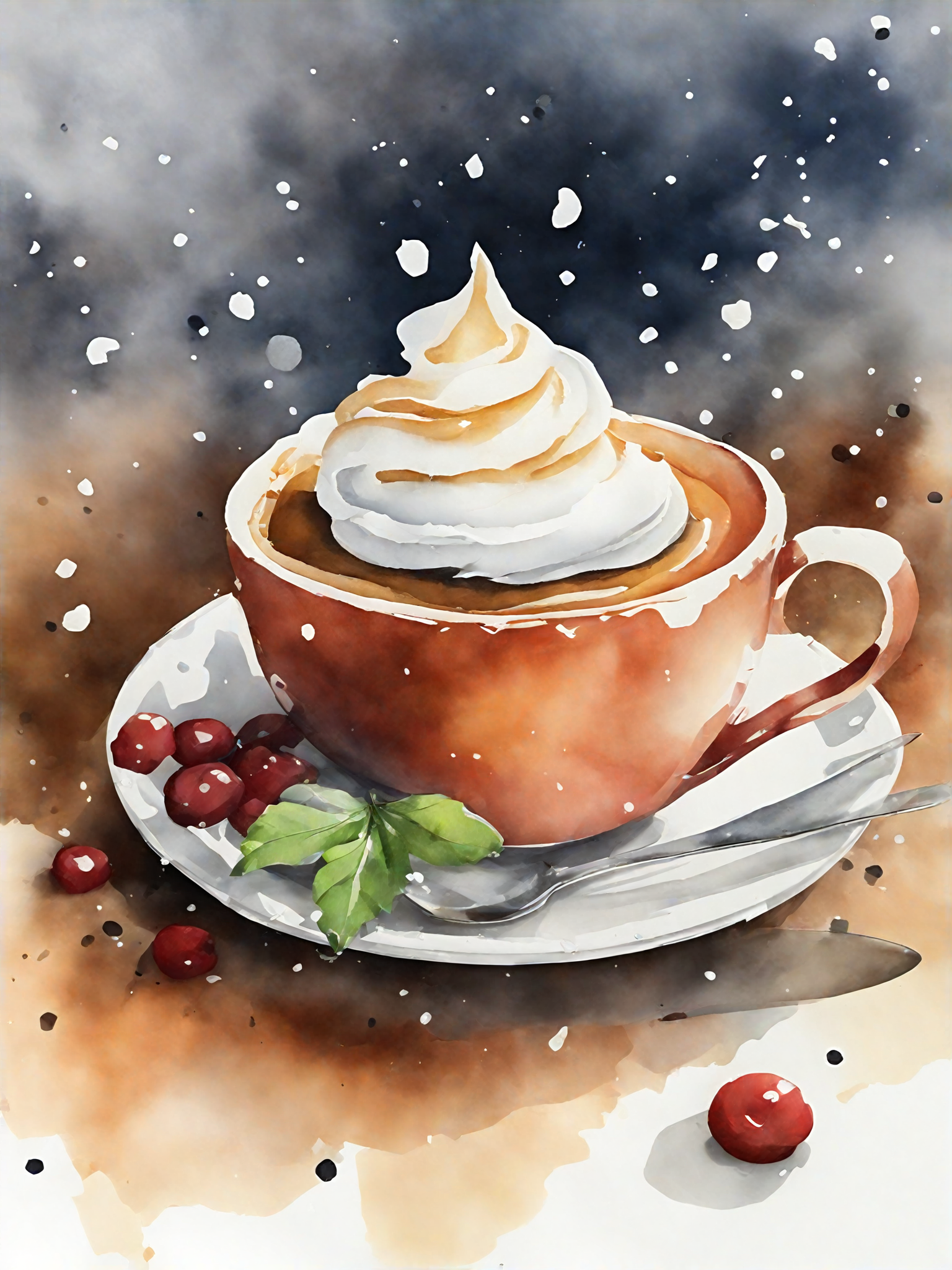 AI数字艺术美食甜品雪顶咖啡水彩插画素材