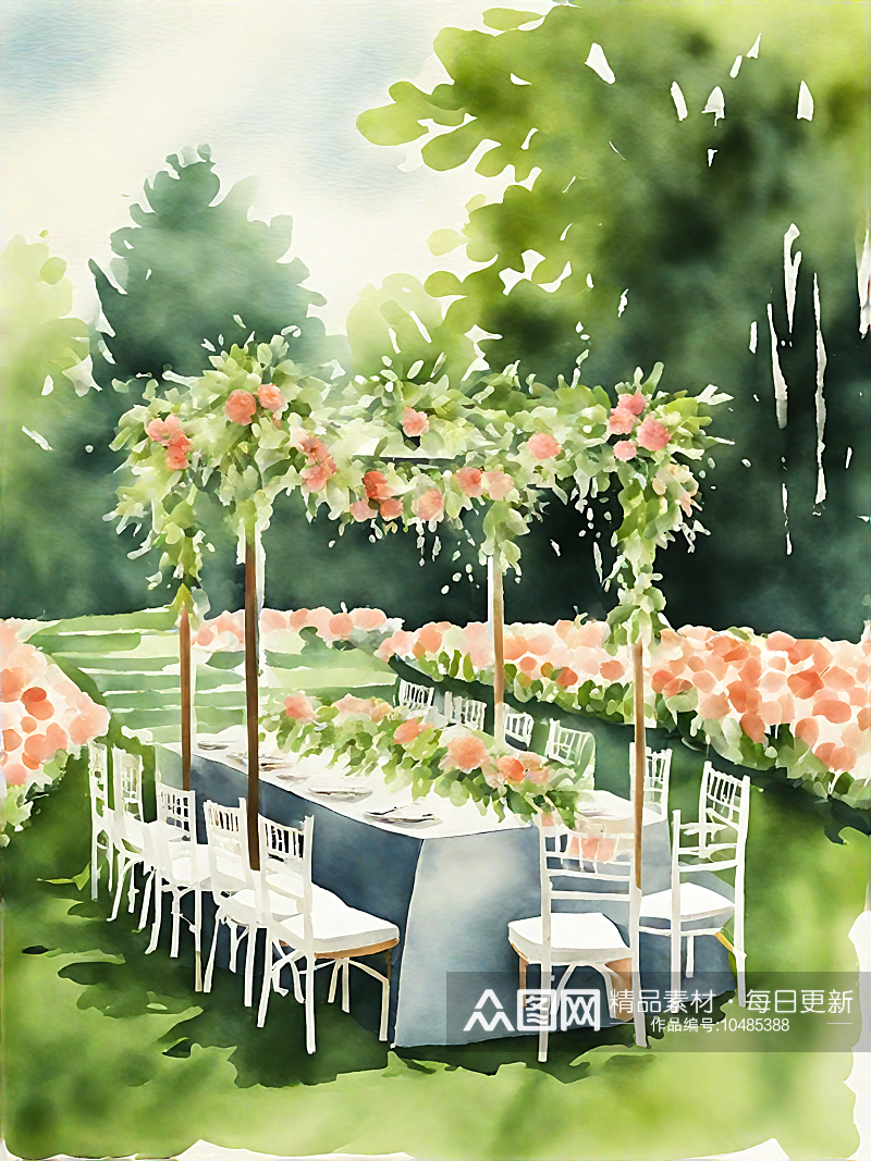 AI数字艺术户外草坪婚礼场景水彩插画素材