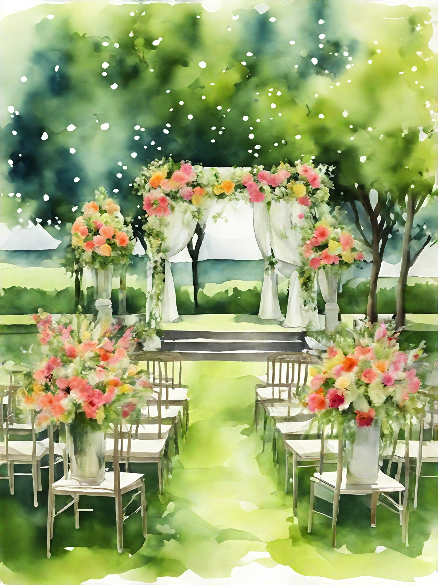 AI数字艺术户外草坪婚礼场景水彩插画素材
