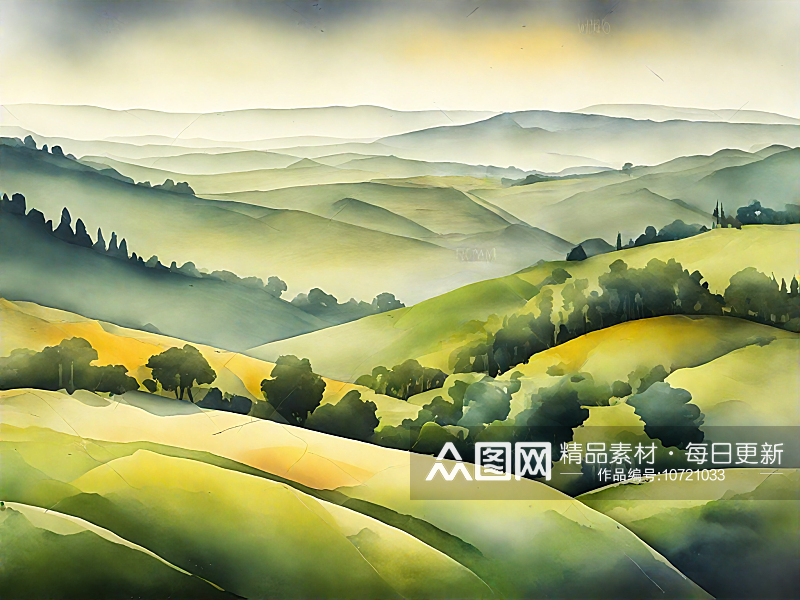 AI数字艺术清晨山丘风景水彩插画素材
