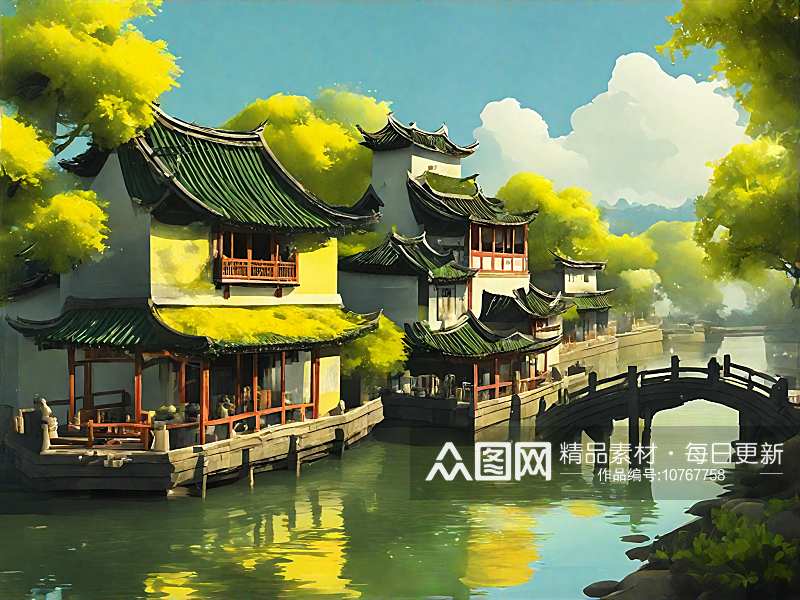 AI数字艺术古城水乡黄绿色水墨画素材