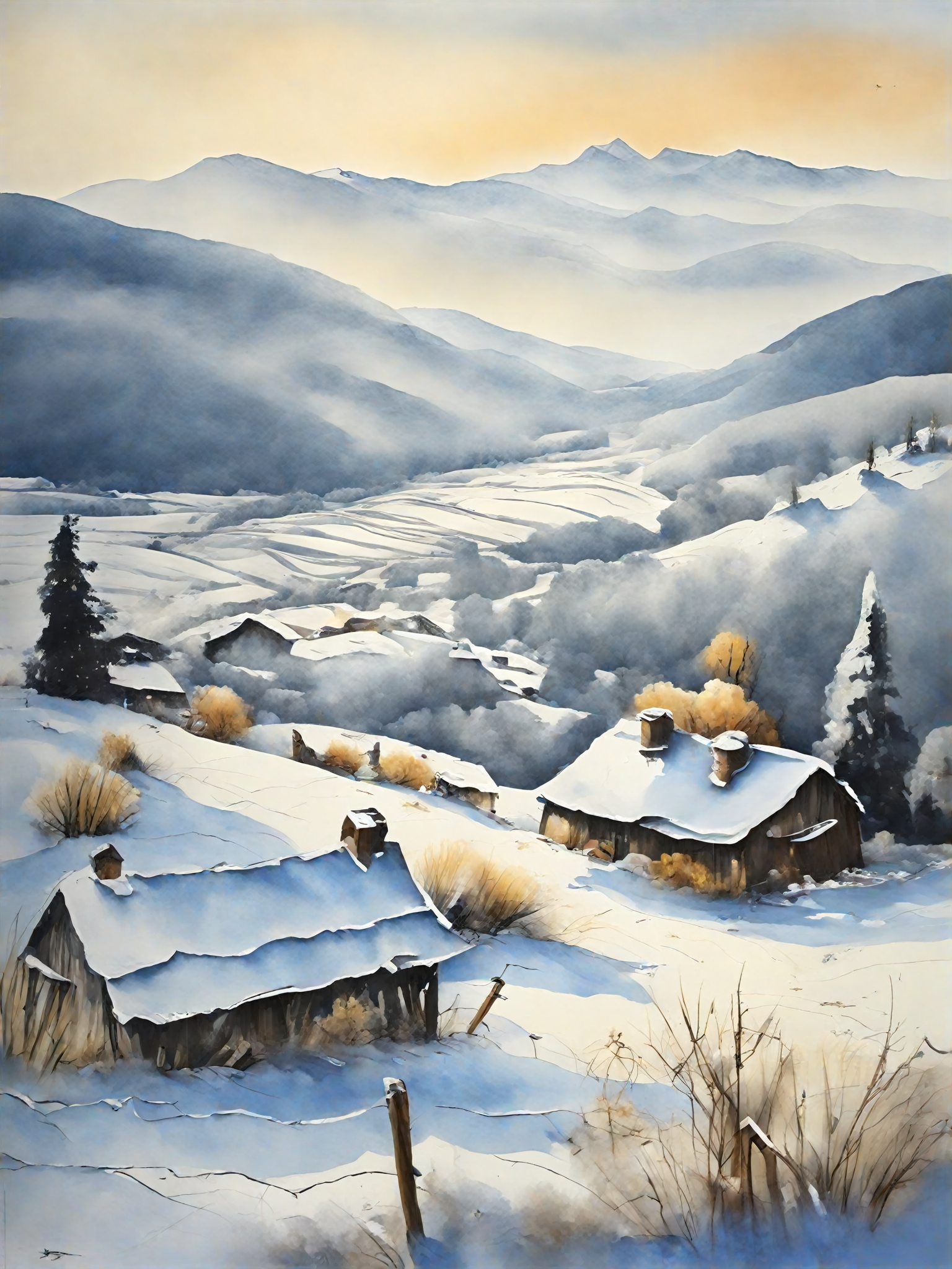 AI数字艺术冬季雪景村庄水彩插画素材