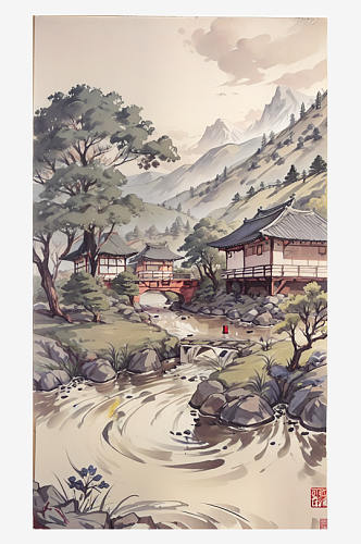 AI数字艺术传统国画山水水墨画