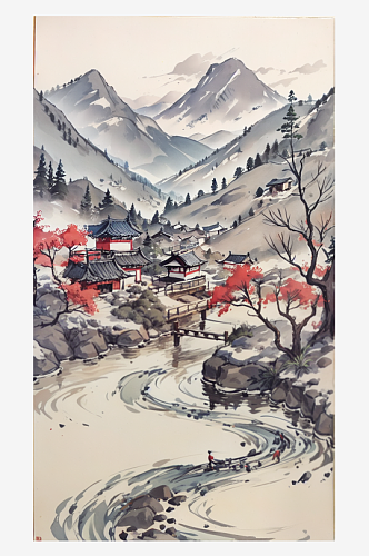 AI数字艺术传统国画山水水墨画