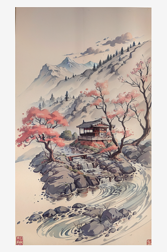 AI数字艺术传统国画山水水墨画