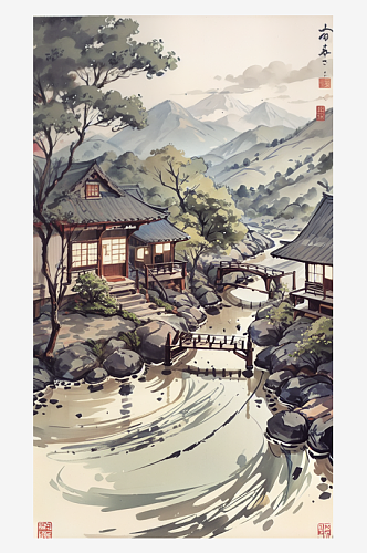 AI数字艺术传统国画山水水墨画