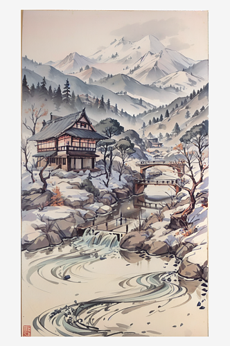 AI数字艺术传统国画山水水墨画