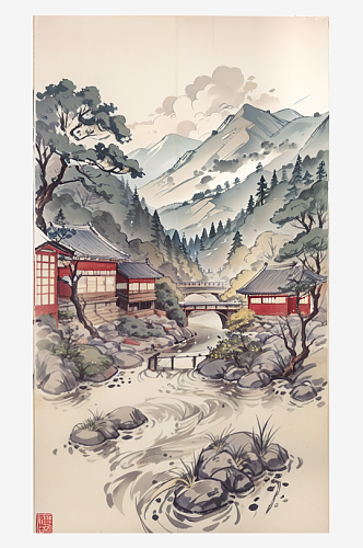 AI数字艺术传统国画山水水墨画