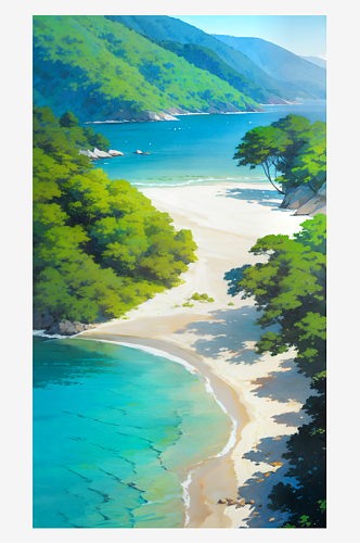 AI数字艺术夏日风景海边插画