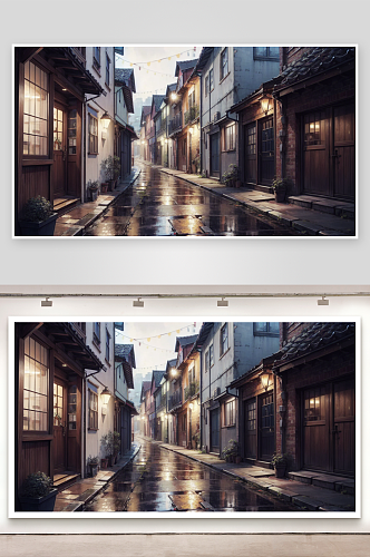 AI数字艺术雨后小巷子场景插图
