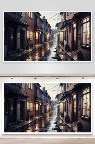 AI数字艺术雨后小巷子场景插图