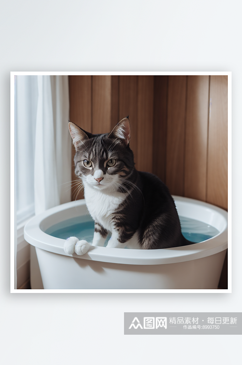 AI数字艺术坐在浴缸里的宠物猫插图素材