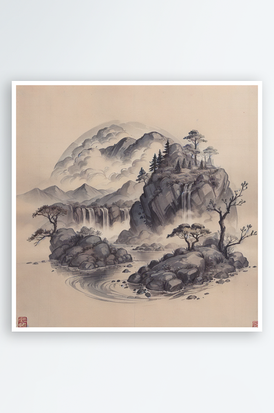 AI数字艺术传统意境水墨山水画