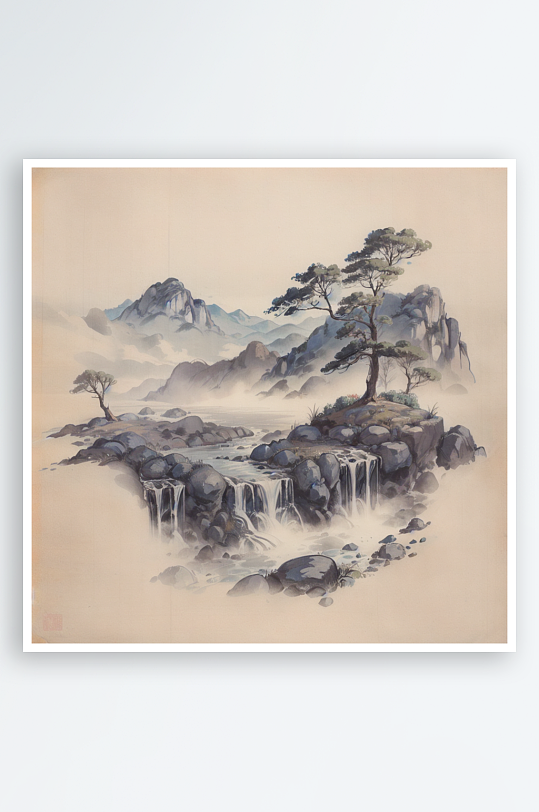 AI数字艺术传统意境水墨山水画