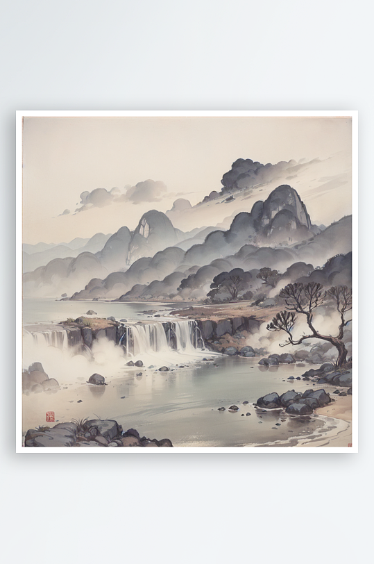 AI数字艺术传统意境水墨山水画