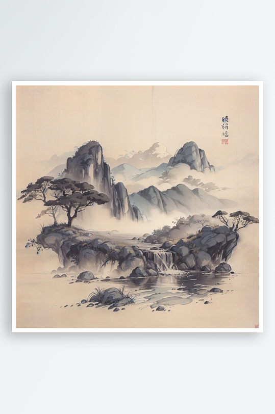 AI数字艺术传统意境水墨山水画