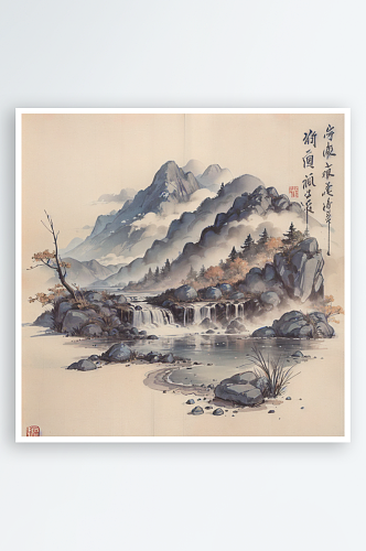 AI数字艺术传统意境水墨山水画