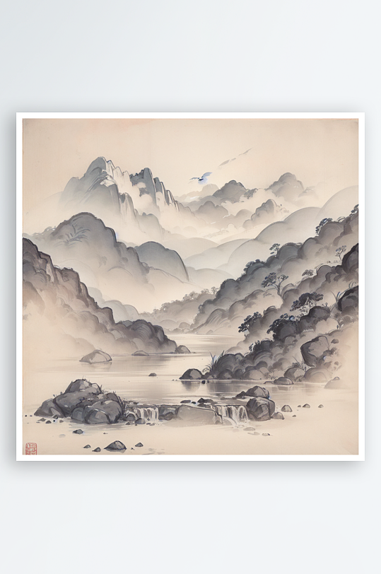 AI数字艺术传统山水水墨画