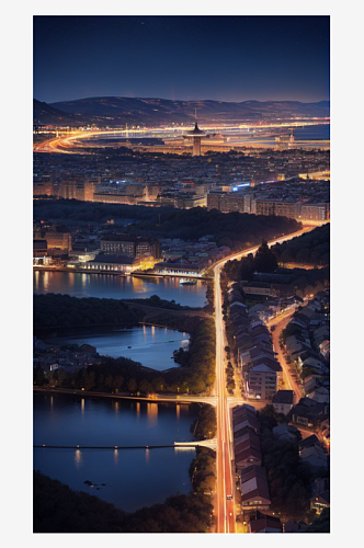 AI数字艺术城市夜景全景插图