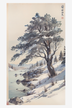 AI数字艺术冬季雪景场景水墨画