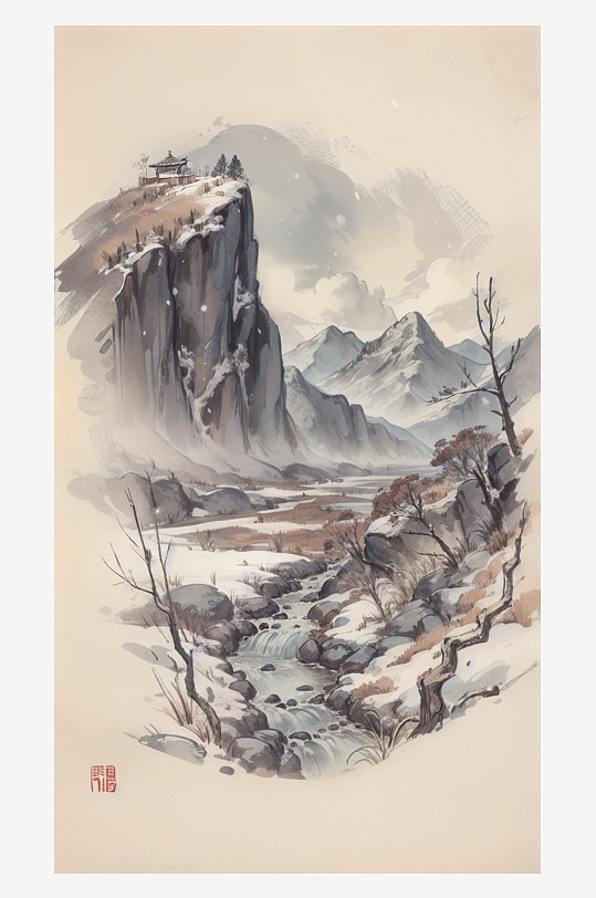 AI数字艺术冬季雪景场景水墨画