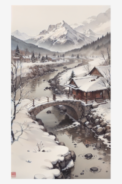 AI数字艺术古风建筑雪景水墨画