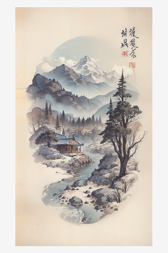 AI数字艺术古风建筑雪景水墨画