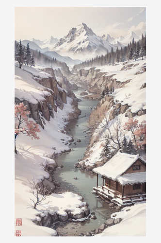 AI数字艺术古风建筑雪景水墨画
