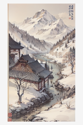 AI数字艺术古风建筑雪景水墨画