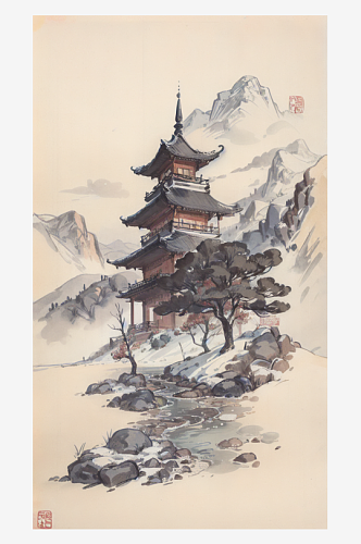 AI数字艺术古风建筑雪景水墨画